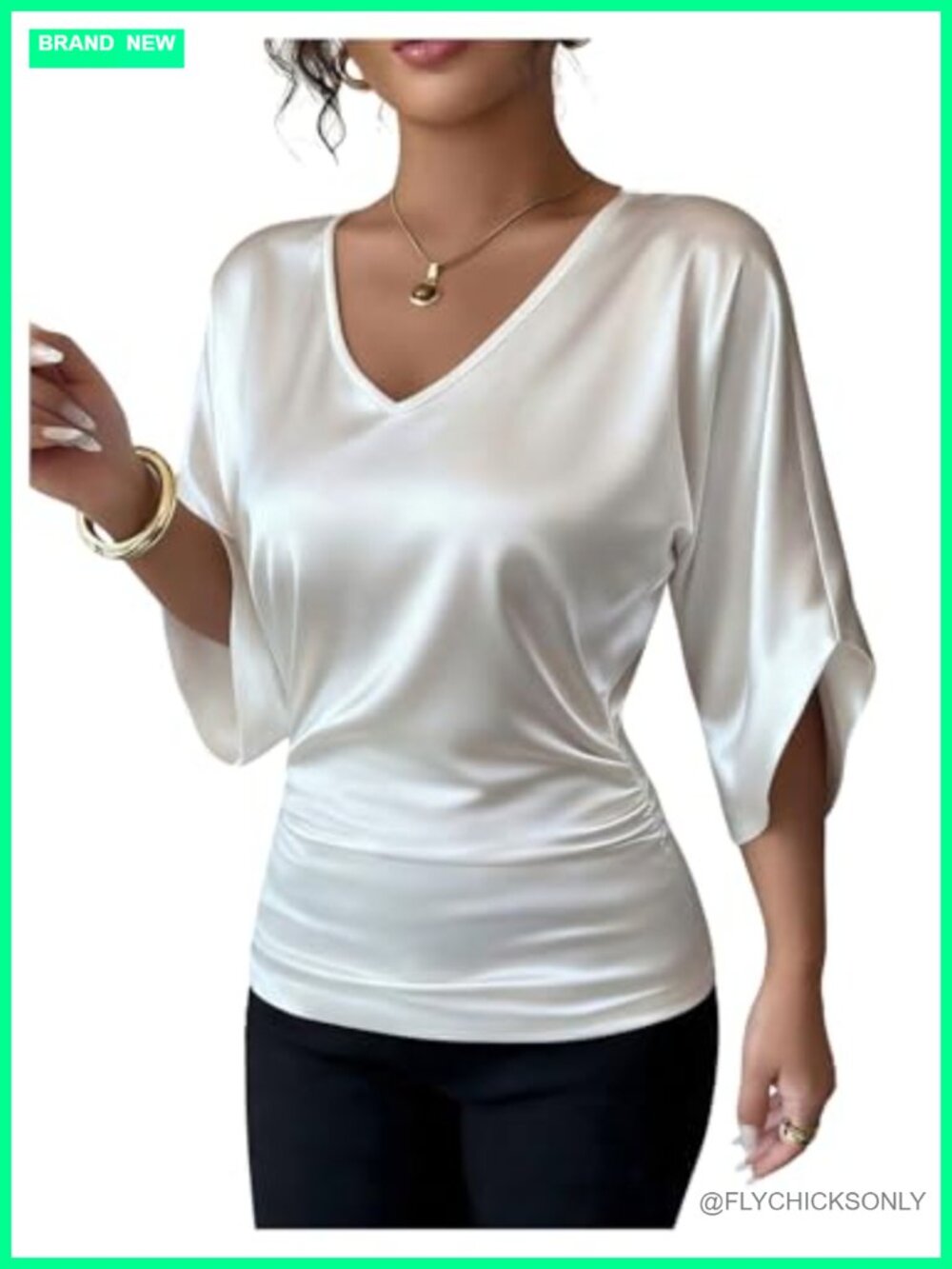 Satin Blouse Top V Neck 3/4 Sleeve Cinched Waist Dressy Business Work Tshirt Top